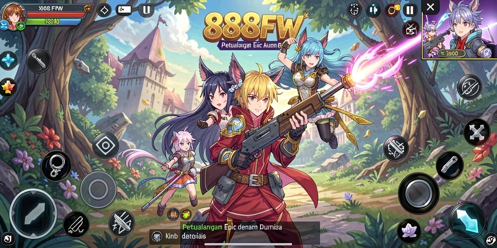Screenshot dari gameplay 888FW menampilkan karakter anime yang beraksi.