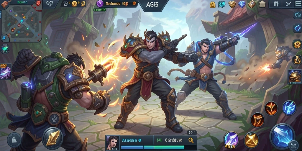 Screenshot utama ASG55 menampilkan aksi pertempuran intens di arena MOBA.