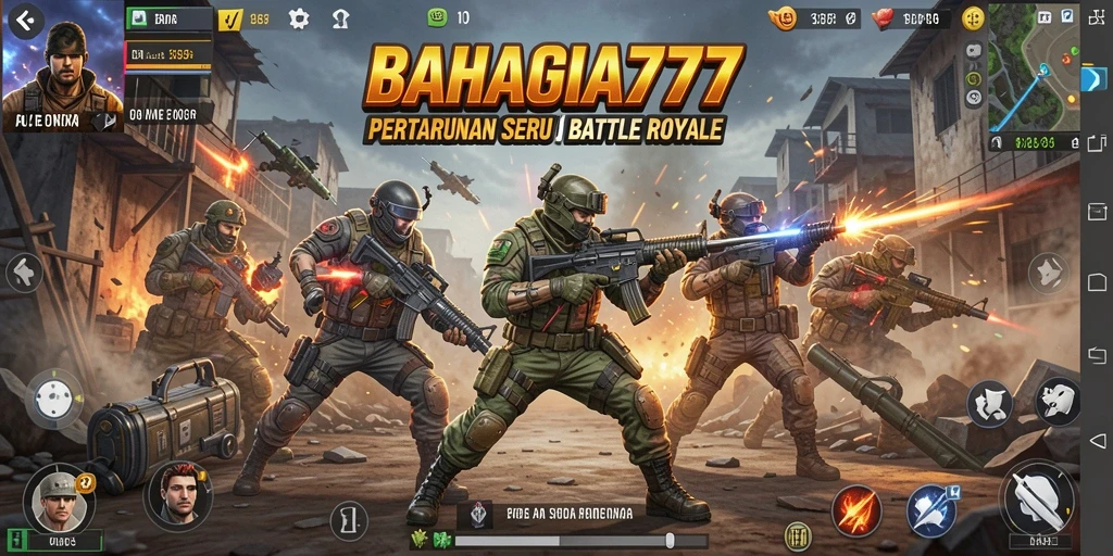 Screenshot utama BAHAGIA777 menampilkan aksi pertarungan seru di Battle Royale.