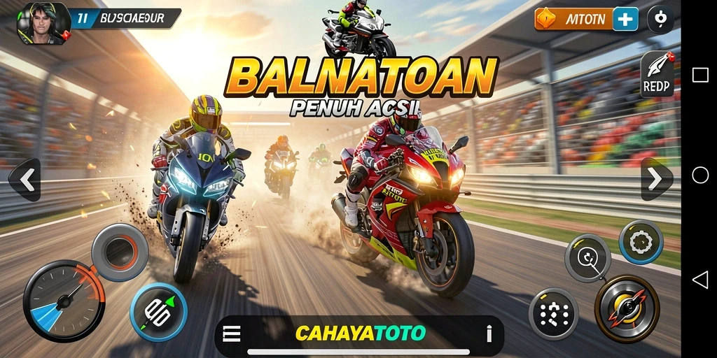 Tampilan gameplay menegangkan dari CAHAYATOTO dengan motor balap beraksi.