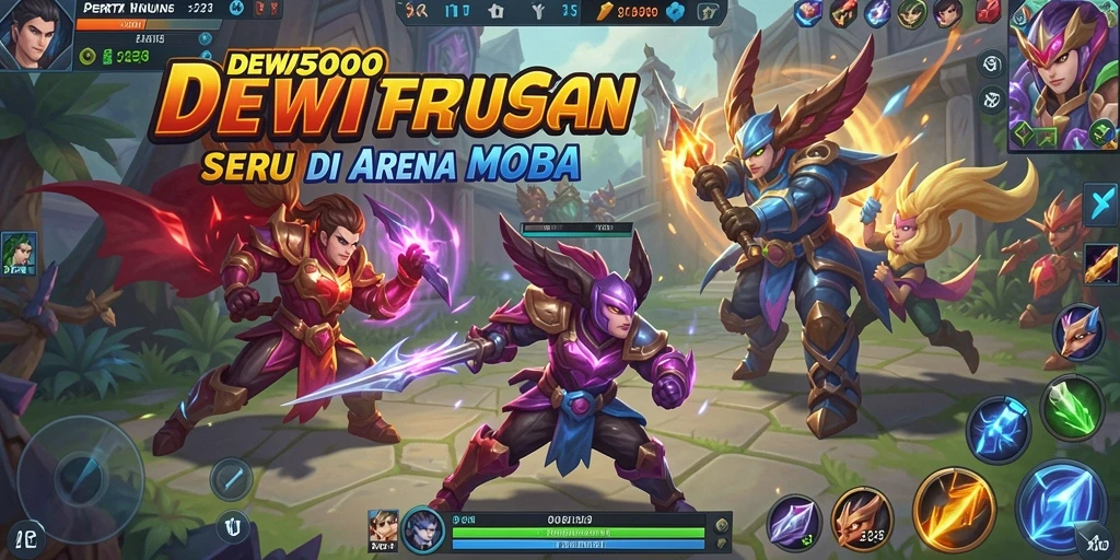 Tangkapan layar DEWI5000 menunjukkan aksi pertarungan MOBA yang mendebarkan.