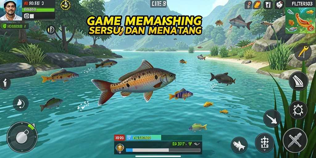 Tampilan gameplay FILTER303 dengan berbagai ikan dan lokasi memancing.