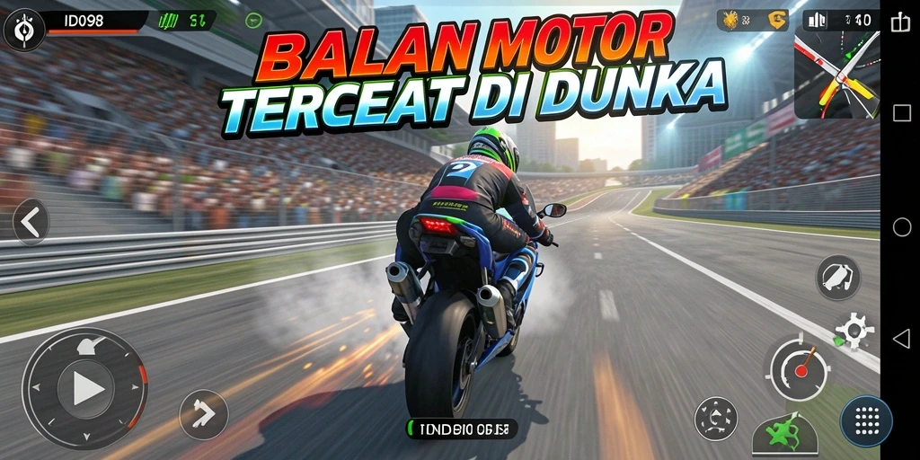 Screenshot gameplay ID098 menampilkan balapan motor yang seru.