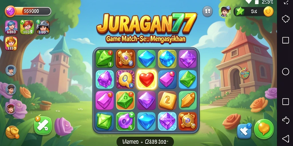 Tampilan gameplay JURAGAN77 dengan berbagai objek match-3 yang berwarna-warni.
