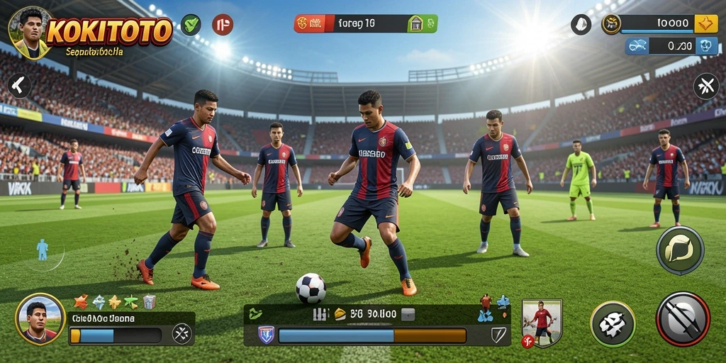 Tampilan aksi seru dalam gameplay sepak bola KOKITOTO.
