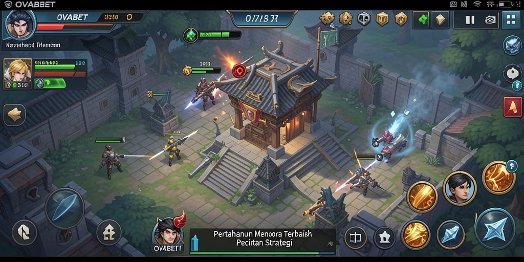 Tampilan menara dan musuh dalam game Tower Defense.