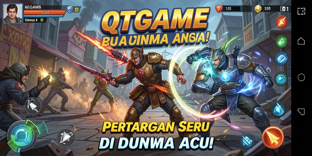 Screenshot gameplay QTGAME menampilkan pertarungan aksi yang intens.
