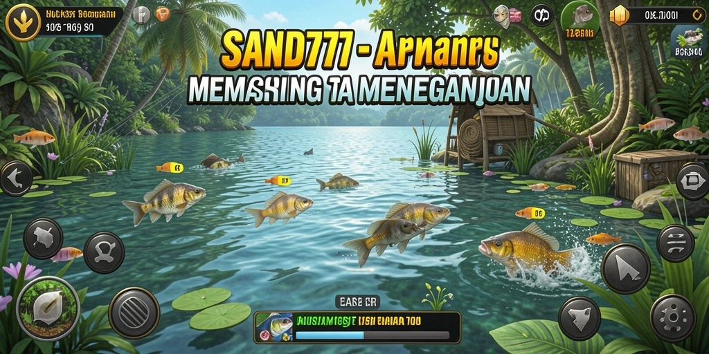 Tampilan gameplay SAND77 yang menarik saat memancing di danau.