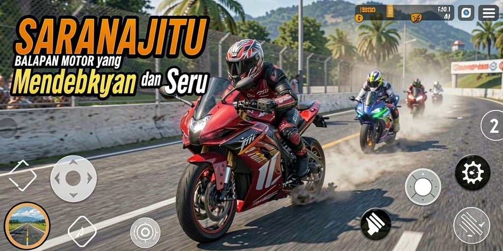 Screenshot gameplay SARANAJITU yang menampilkan balapan motor yang seru.