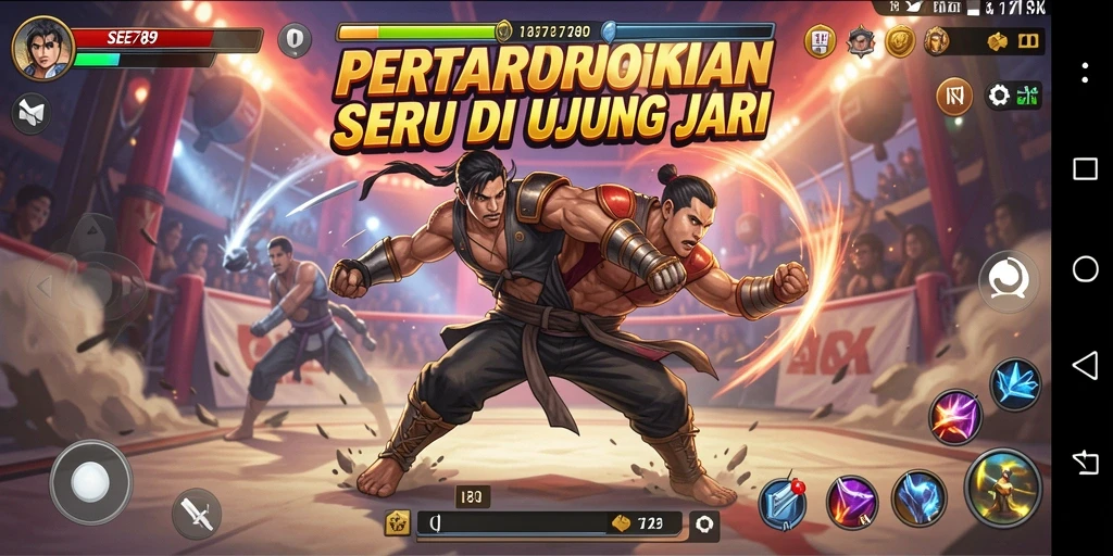 Tampilan gameplay seru dengan karakter bertarung di arena.