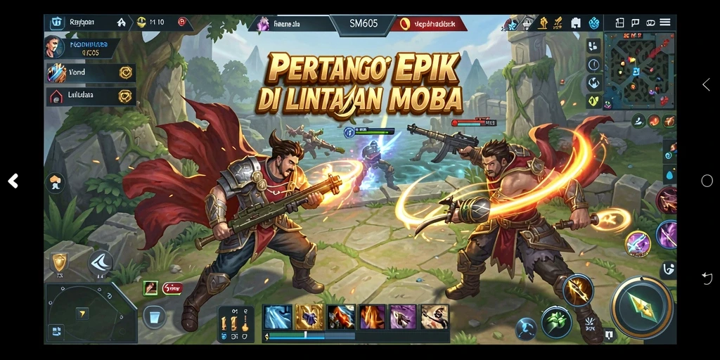 Tampilan gameplay seru di arena MOBA SM605 dengan pertempuran tim.