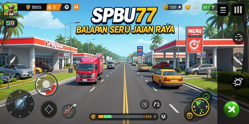 Tampilan gameplay seru di SPBU77 dengan mobil balap melaju cepat.